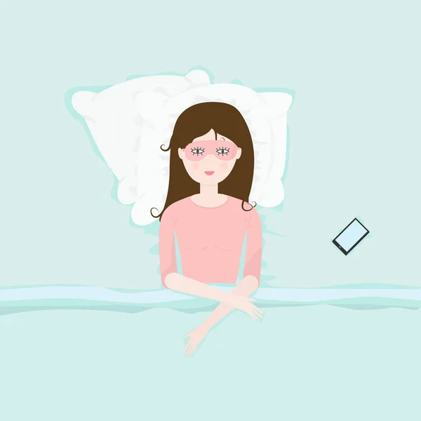 Vector Illustration Sleeping Woman Mask Lying Bed Night Flat Cartoon — Stock Vector