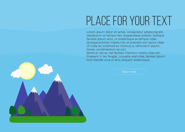 Ilustración vectorial brillante con montañas, árboles, sol, nubes y lugar para el texto . Vector De Stock