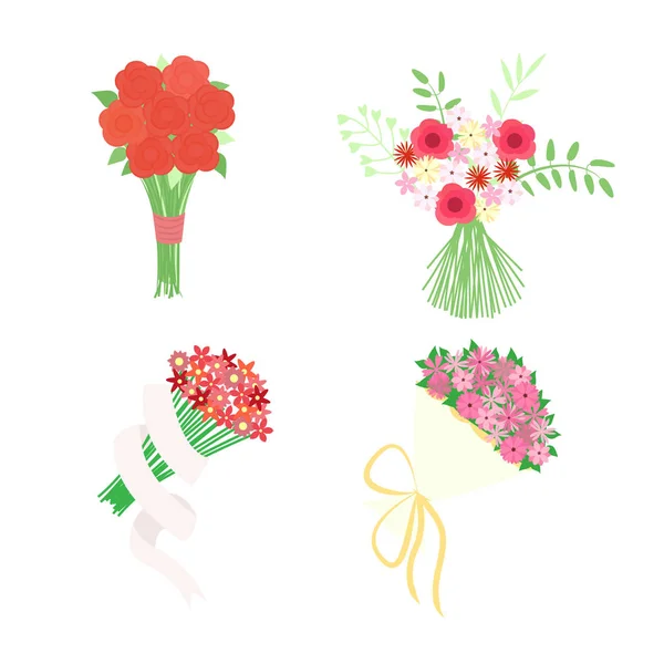 Vektorillustration mit hellen Blumensträußen. Reihe isolierter Symbole, Logos oder Abzeichen, Symbole und Zeichen. — Stockvektor