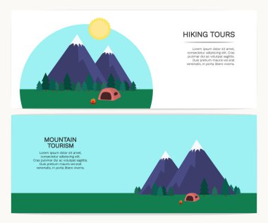 Dağlar, ağaçlar, güneş ve yer metniniz için parlak vektör el ilanları. 