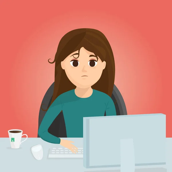 Vector illustration with sad woman at work place, character in cartoon style. — Stock Vector