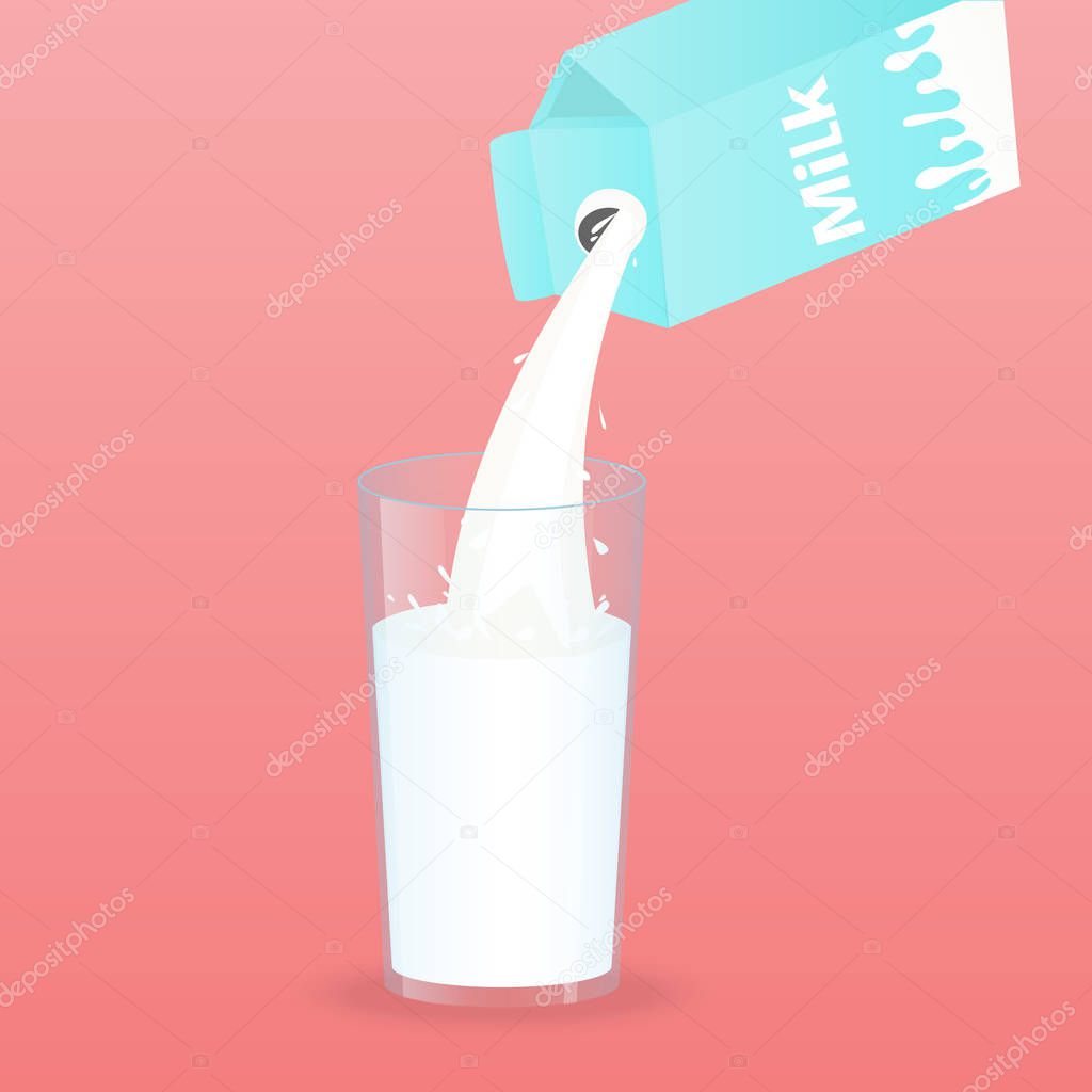 Vector illustration with glass of milk and board box of milk. 