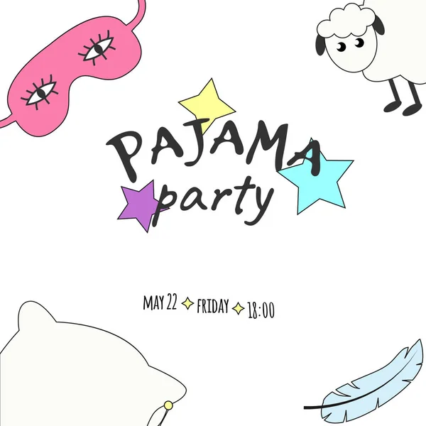 Wektor ilustracji z maski do spania, owce, pióro, Poduszka i napis Pajama party w jasnych kolorach. — Wektor stockowy