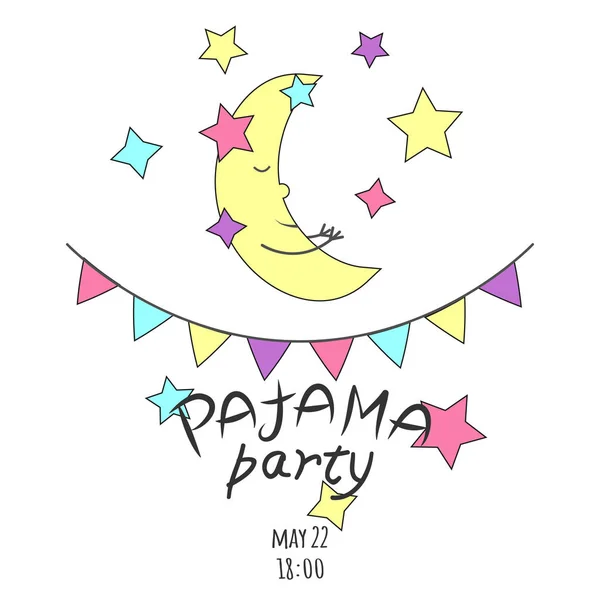 Ilustracja wektorowa z księżycem (półksiężyc), gwiazdy, proporce i napis Pajama party w jasnych kolorach. — Wektor stockowy