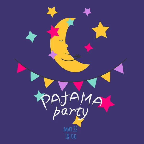 Vektor-Illustration mit Mond (Sichel), Sternen, Wimpeln und Beschriftung Pyjama-Party in leuchtenden Farben. — Stockvektor