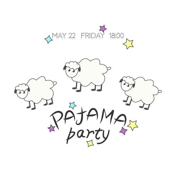 Przytulna ilustracja wektorowa z cute owiec, gwiazd i tekstu "Pajama Party" w jasnych kolorach. — Wektor stockowy