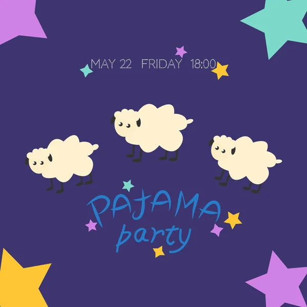 Gemütliche Vektorillustration mit niedlichen Schafen, Sternen und Text "Pyjama-Party" in leuchtenden Farben. — Stockvektor