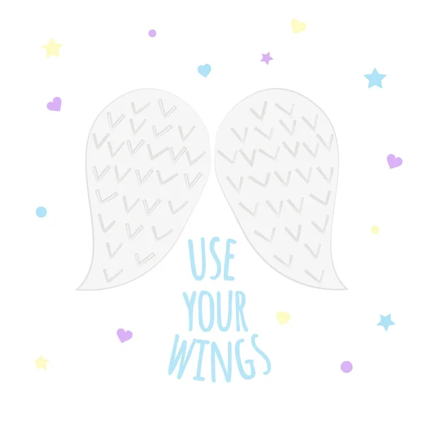 Διανυσματική απεικόνιση των φτερών του αγγέλου με κείμενο "χρήση των φτερών σας" — Διανυσματικό Αρχείο