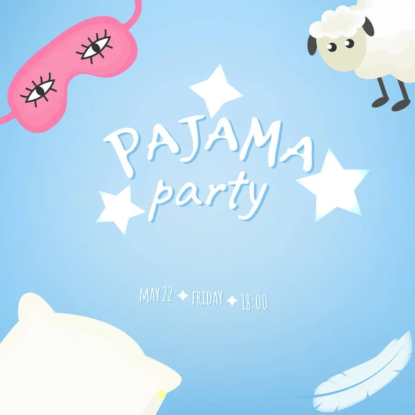 Wektor ilustracji z maski do spania, owce, pióro, Poduszka i napis Pajama party w delikatnych kolorach. — Wektor stockowy