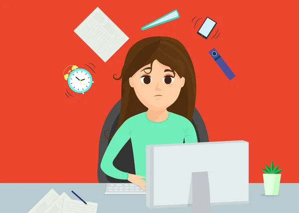 Vector illustration with sad woman at work place, character in cartoon style.