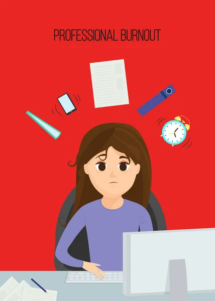 Illustrazione vettoriale con donna triste sul posto di lavoro, personaggio in stile cartone animato . — Vettoriale Stock