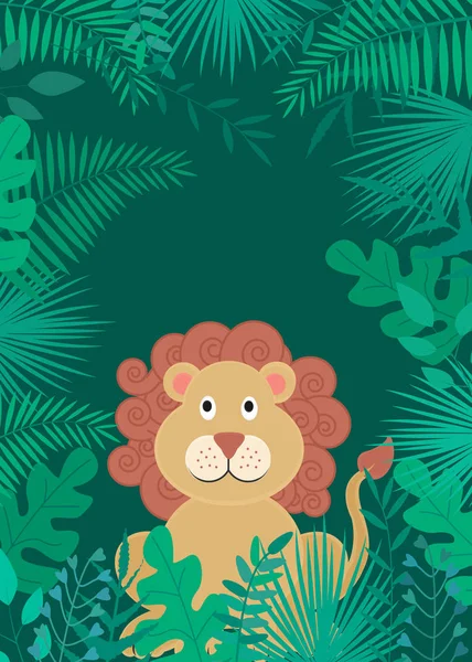 Illustration vectorielle avec feuilles tropicales et lion sur fond sombre . — Image vectorielle