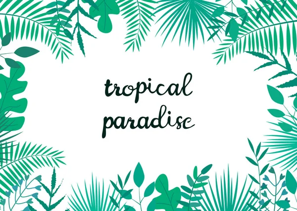 Ilustração vetorial com folhas tropicais e texto "Tropical Paradise" sobre fundo branco . —  Vetores de Stock