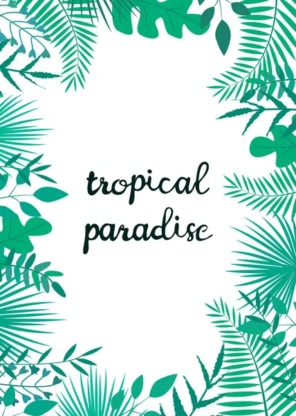 Vektorová ilustrace s tropickými listy a textem "tropický ráj" na bílém pozadí. — Stockový vektor