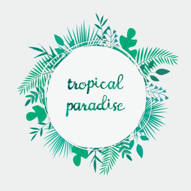 Beyaz arka planda tropikal yaprakları ve metin Tropical Paradise ile Vektör illüstrasyon.