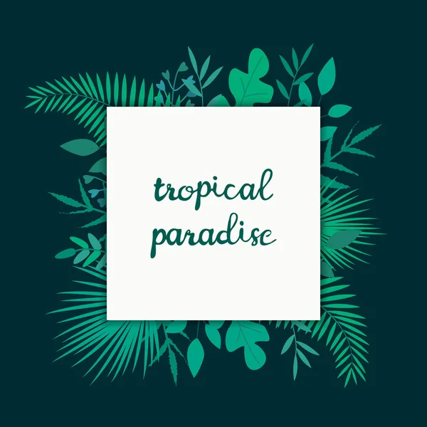 Ilustración vectorial con hojas tropicales y texto Paraíso tropical sobre fondo oscuro . — Vector de stock