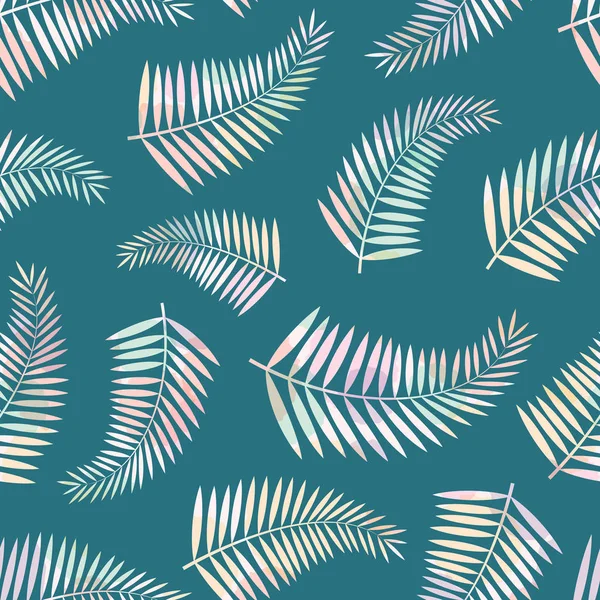 Nahtloses Muster mit bunten tropischen Palmenblättern auf grünem Hintergrund. — Stockvektor