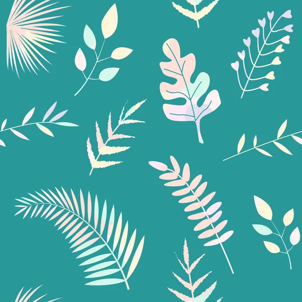 Nahtloses Muster mit bunten tropischen Blättern und Zweigen auf grünem Hintergrund. — Stockvektor