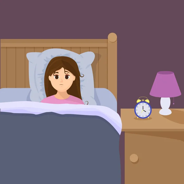 Ilustración vectorial en estilo plano de dibujos animados con mujer triste sin dormir en la cama . — Vector de stock