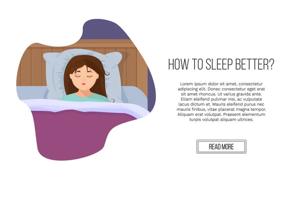 Ilustración vectorial del sitio de la página en estilo plano de la historieta con la mujer dormida calma en la cama . — Vector de stock