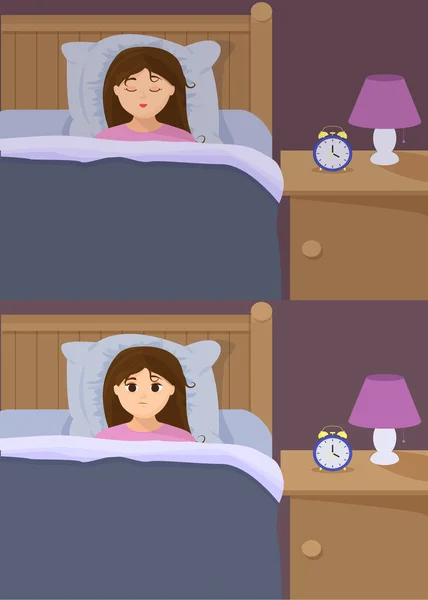 Векторні ілюстрації в стилі плоский мультфільм з сумною безсонною жінкою і сплячою дівчиною в ліжку . — стоковий вектор