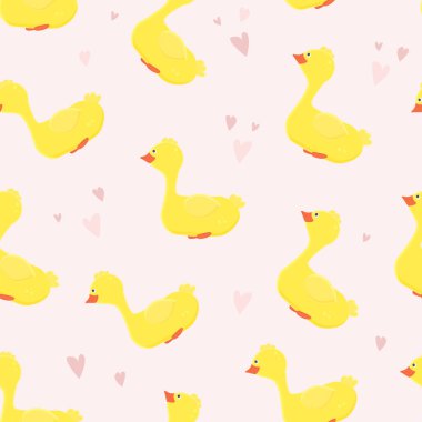 Pembe arka plan üzerinde sevimli ve komik ördekler ve kalpler ile Dikişsiz desen.