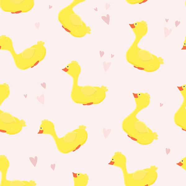 Απρόσκοπτη μοτίβο με χαριτωμένα και αστεία πάπιες και καρδιές σε ροζ φόντο. — Διανυσματικό Αρχείο