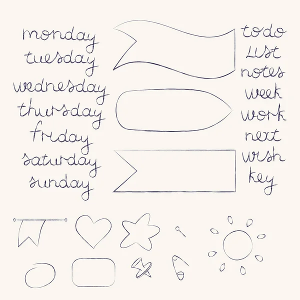 Illustration vectorielle avec éléments de gribouillage dessinés à la main : cadres, rubans, épingles et noms en semaine, isolés sur fond blanc . — Image vectorielle