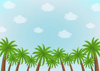 Gökyüzünün vektör çizimi ve hindistan cevizi palmiyeleri yazı için uygun. Davetiye, tebrik kartı, e-posta, seyahat acentesi reklamı, poster, makale, promosyon, web ve reklam afişi için.