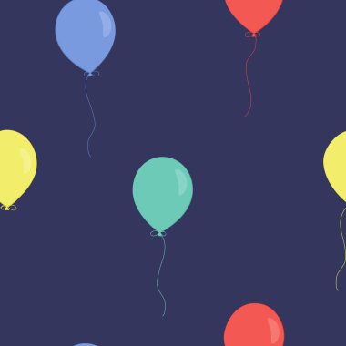 Menekşe arka planında renkli balonlar olan vektörsüz desen. Kumaş, tekstil, keten, duvar kağıdı, hediye ve ambalaj kağıdı, tebrik kartı, çocuk bayramı ve parti davetiyeleri, pijama.