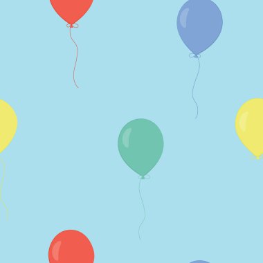 Mavi arka planda renkli balonları olan vektörsüz desen. Kumaş, tekstil, keten, duvar kağıdı, hediye ve ambalaj kağıdı, tebrik kartı, çocuk bayramı ve parti davetiyeleri, pijama.