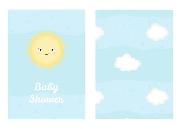 Çizgi Film Resimli Gülümseyen Güneş Yazılı Bebek Duşu Bulutlu Kusursuz — Stok Vektör