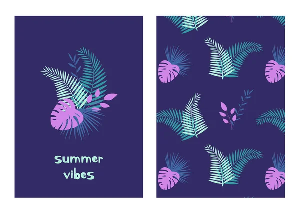 Vektorillustration Mit Tropischen Blättern Sommerlichen Texten Und Farbenfrohen Nahtlosen Mustern — Stockvektor