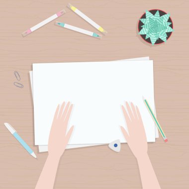 Vektör illüstrasyon elleri, kalemler, kağıt ve bitki yaprakları. Düz çizgi film tarzı, üst manzara. Poster, site tasarımı, web ve reklam afişi, makale, kart veya el ilanı, tanıtım, e-posta.