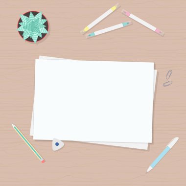 Düz çizgi film tarzında vektör illüstrasyonu. Kağıt, kalem, saksıya bitki, üst manzara. Poster, site tasarımı, web ve reklam afişi, makale, kart veya el ilanı, tanıtım, e-posta.