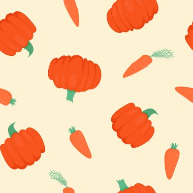 Beyaz arka planda parlak balkabakları ve havuçlarla kusursuz desen. Sonbahar dekorasyonu, sonbahar festivali davetiyeleri, kumaş, tekstil ve cadılar bayramı baskısı, hediye ve ambalaj kağıdı için.