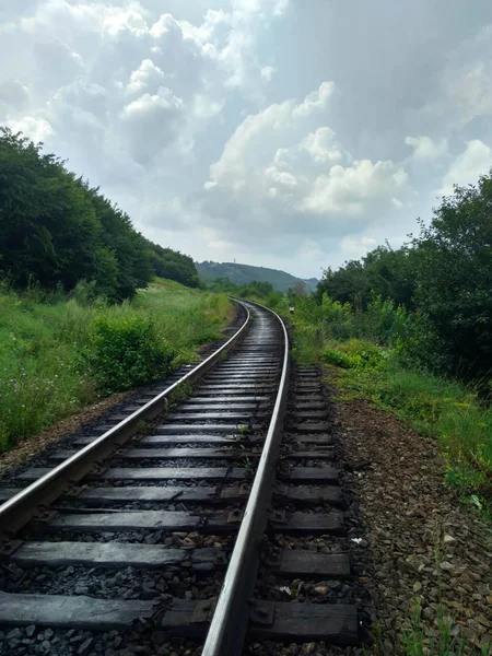 Bulut altında ormanda eski ahşap demiryolu
