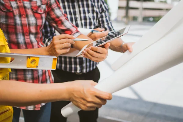 Close Hand Engineer Meeting Architectural Project Working Partner Engineering Tools — Stock Photo, Image