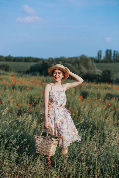 Açık yaz sepet çilek, hasır şapka ile genç kız portresi. Ülke yolda bir kız arkadan görünüm. Doğa arka plan, kırsal manzara, yeşil çayır, ülke stil