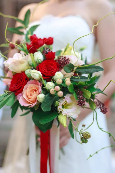 Wedding Bouquet Flowers Including Red Hypericum Roses Lilies Valley Mini — Stock Photo, Image