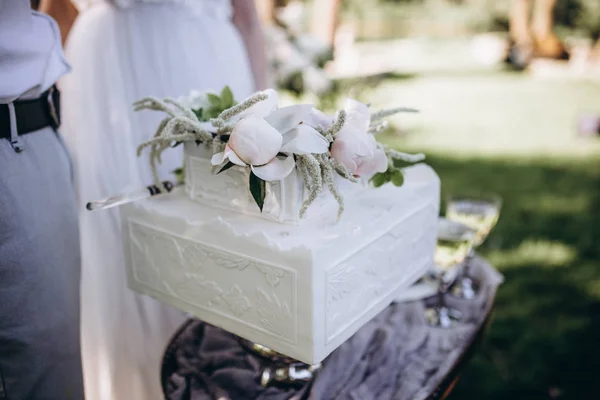 White wedding cake is decorated with pions — Stock Photo, Image