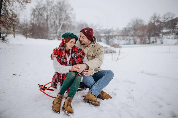 Beautiful Young People Couple Lovers Date Winter Park Man Loves — Stock Photo, Image