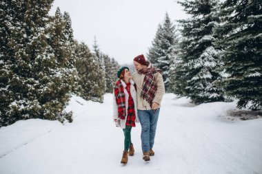 Kış parkta güzel genç insanlar çift aşık bir tarihte bir adam, bir kadın bir tarih Sevgililer günü doğada seviyor.