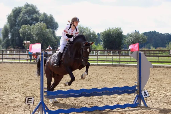 Khmelnytsky Ukraine August Unknown Rider Horse Competition Matches Riding Obstacles — Stock Photo, Image