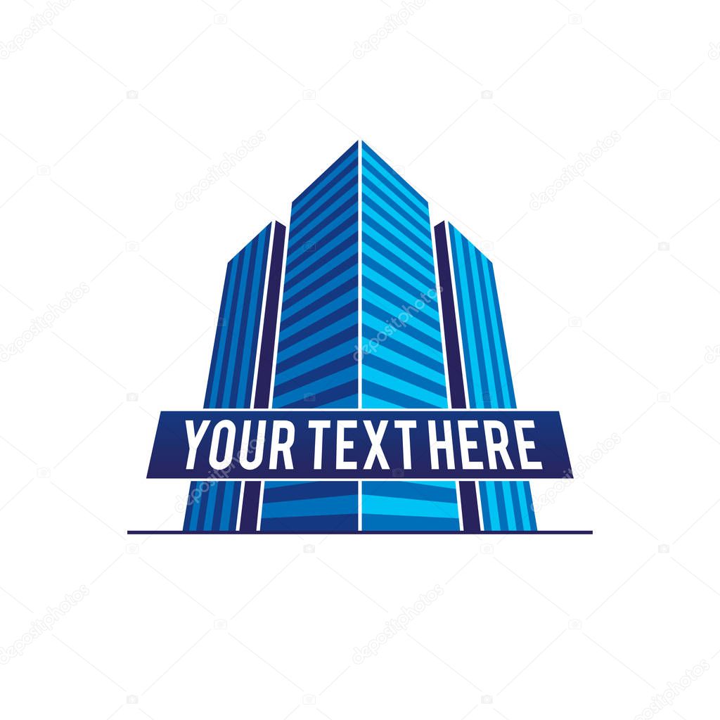 Vector group of three modern 3d skyscrapers isolated. Blue office buildings logo design.