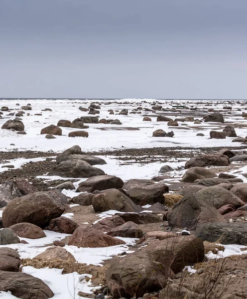 Rocks and snow on the coast of frozen Baltic sea under the cold sordid blue sky in Mersrags, Latvia