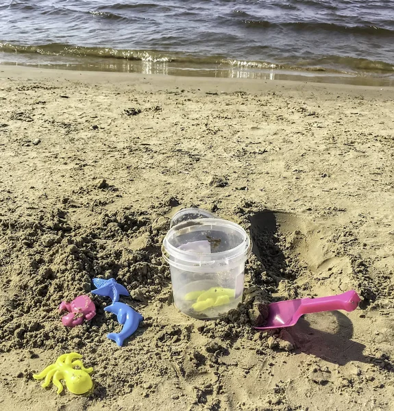 Plastic colored shapes, shovel and small bucket for children play with sand on the beach. Baby plastic molds lying in the sand on the seabeach. Bright summer toys in the sand in sunny summer day.