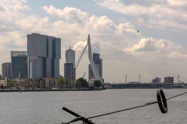 Rotterdam, Hollanda - 22 Mayıs 2018: Köprü (Erasmus Köprüsü) Nieuwe Maas nehri görünümüne. Bu birleştirilmiştir askılı ve baskül köprü, lakabı The Swan için onun soluk pilon.