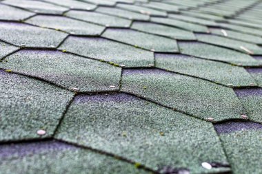 Arka plan için yeşil shingle kiremit doku çatı parçası. Detay. Esnek yumuşak İnşaatlı Bitümlü çatı kaplama.
