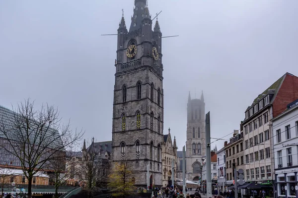 Massive Outline 91M High Belfry Ghent Topped Dragon Grey Winter — Stock Photo, Image